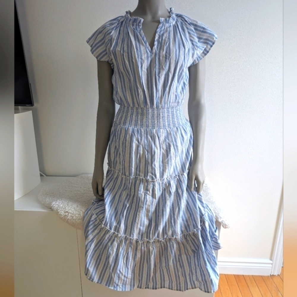 NWT! LUCKY BRAND Blue and White Ruched Midi Sundress